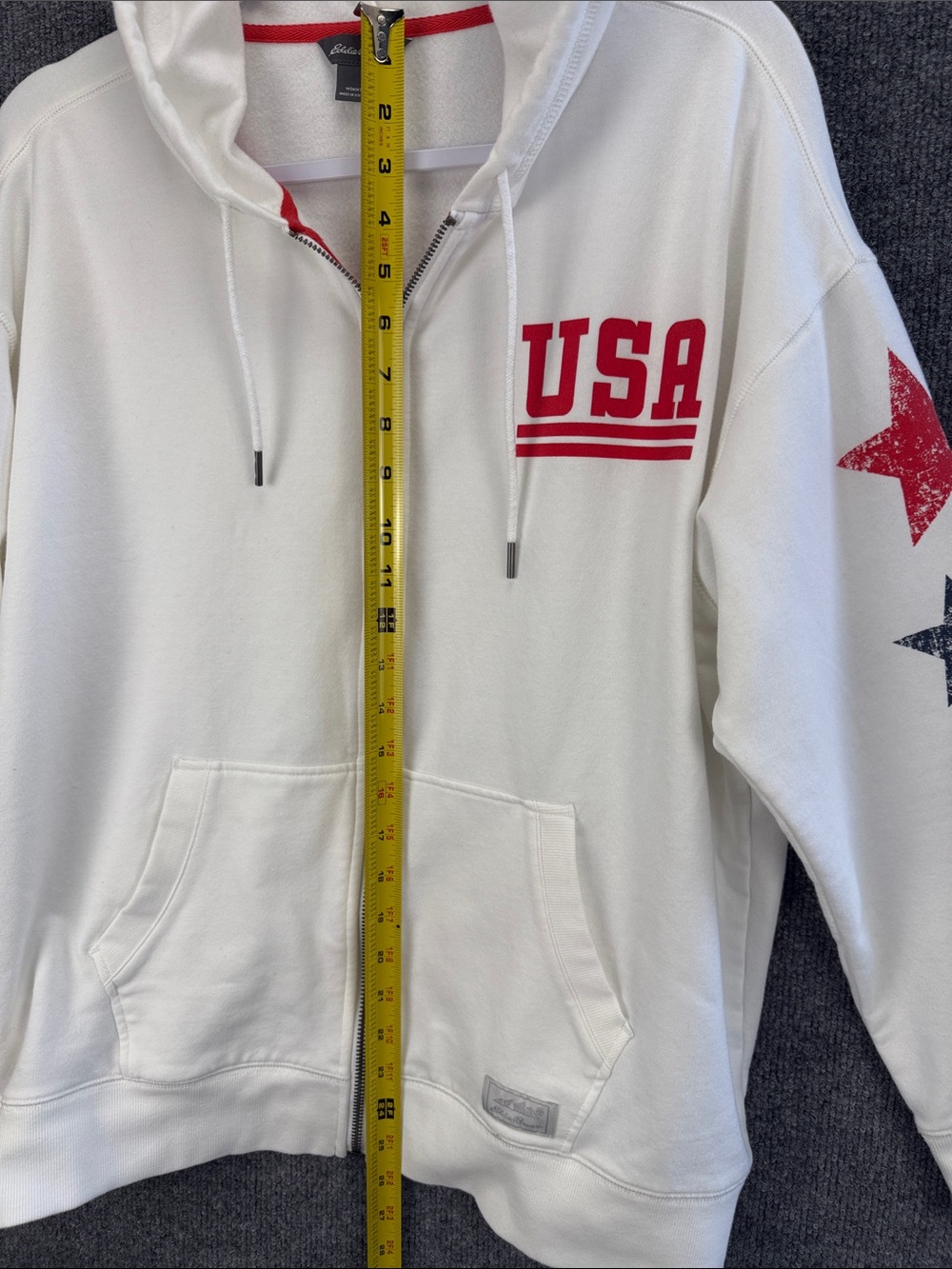 Eddie Bauer White USA Zip Hoodie with Red & Navy Star Accents Women’s Large - Picture 9 of 11